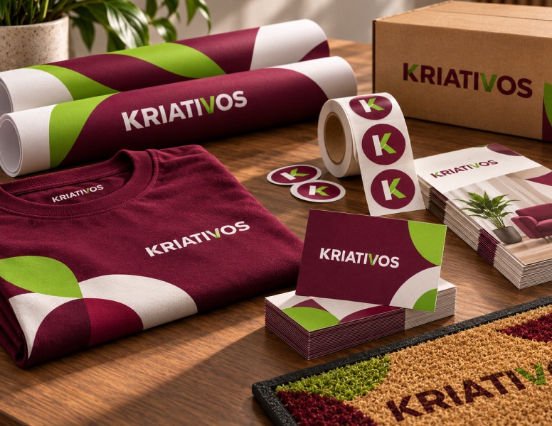 Produtos impressos pela Kriativos: t-shirt, rolos, autocolantes, cartões e tapete